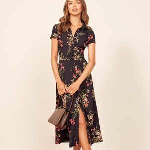 Reformation Wilma Button Down Midi Shirtdress in Black Floral Size 4